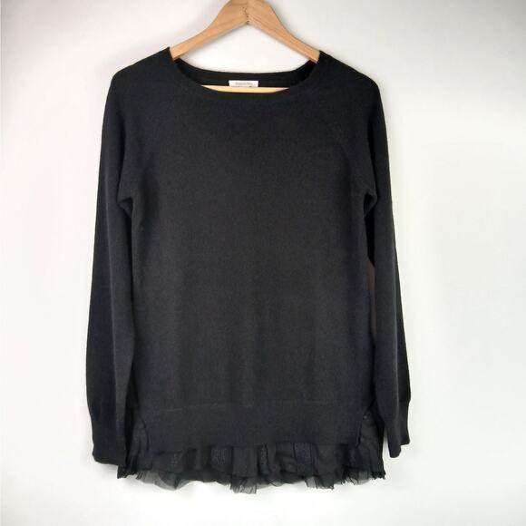 Garnet Hill SZ S Shirttail Cashmere Sweater Silk Lace Hem Trim Black - Picture 2 of 5